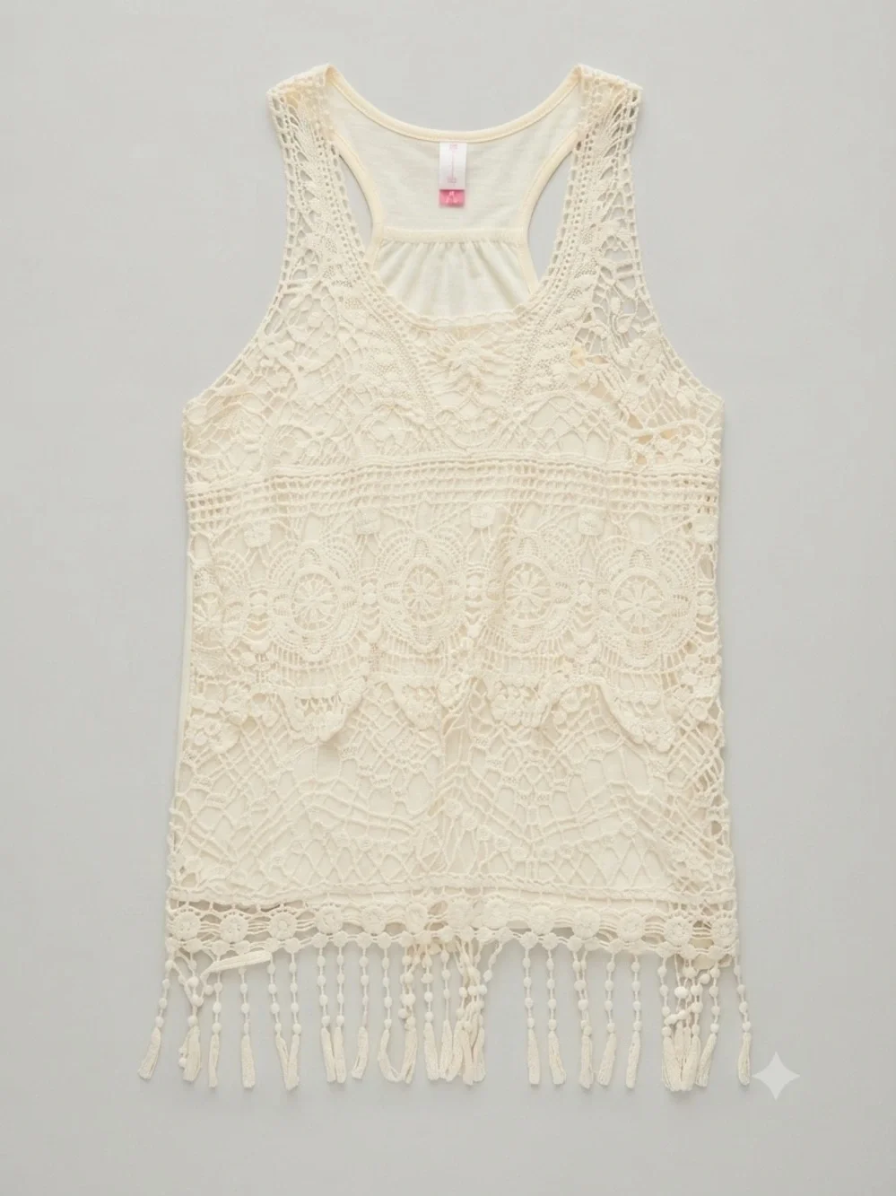 Girls Cream Crochet Lace Fringe Tank Top